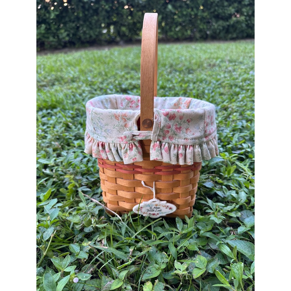 Longaberger 2000 Mother's Day Basket Floral Liner Ceramic Tie-On Wood Handle